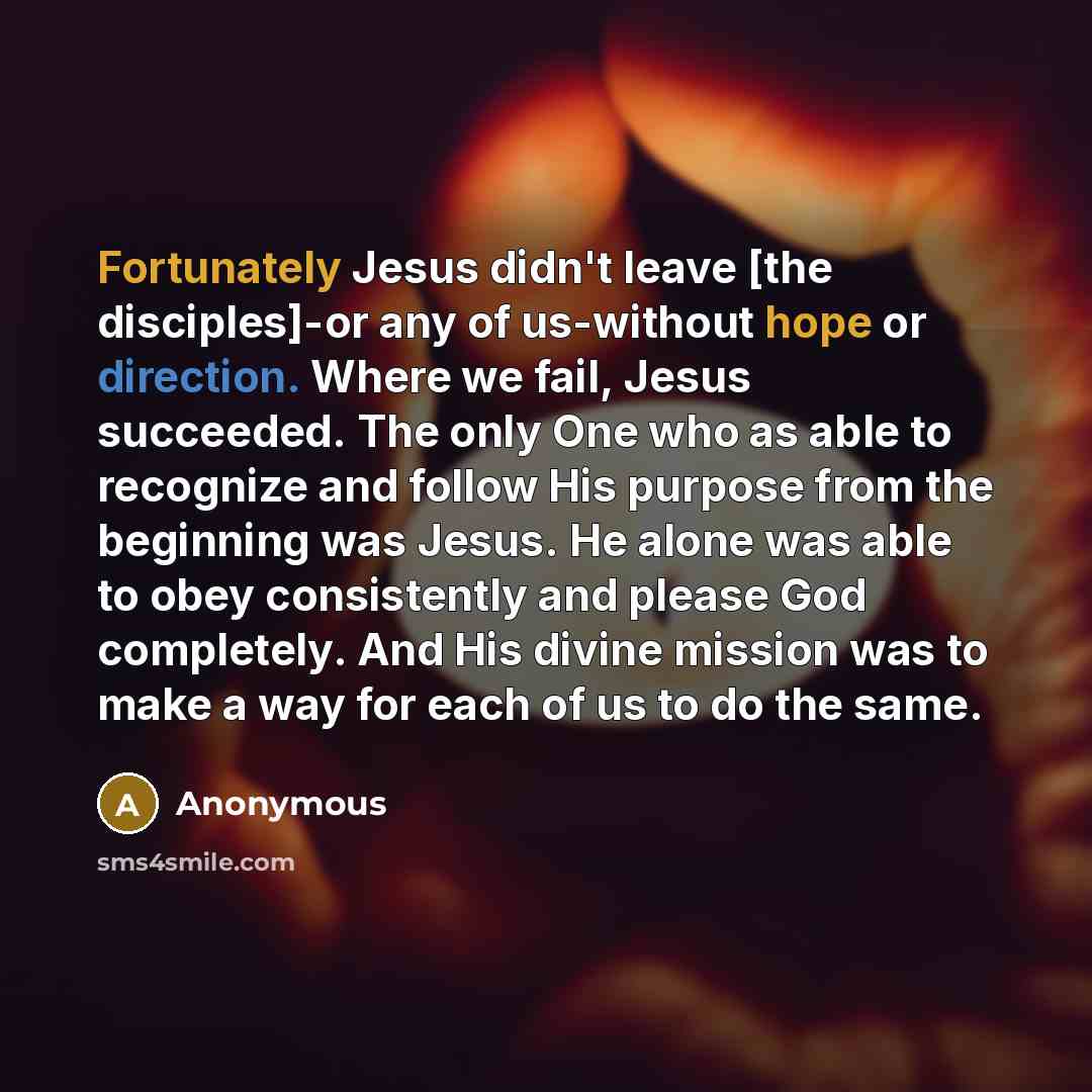 “Fortunately Jesus didn't leave [the disciples]-or any of us-without hope or direction. Where we fail, Jesus succeeded. The only One who as able to recognize and follow His purpose from the beginning was Jesus. He alone was able to obey consistently and please God completely. And His divine mission…” quote by Anonymous