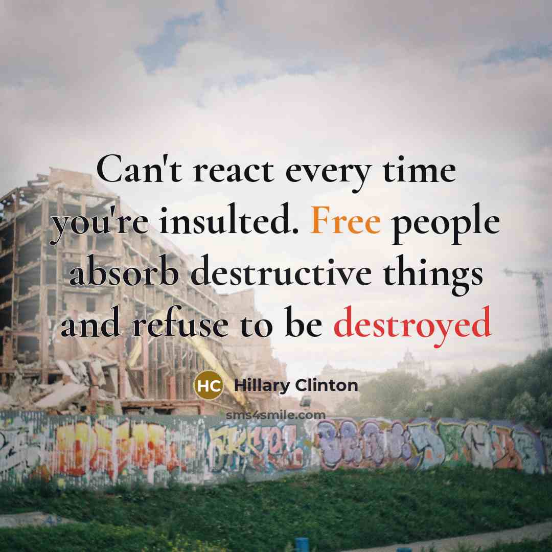“Can't react every time you're insulted. Free people absorb destructive things and refuse to be destroyed” quote by Hillary Clinton