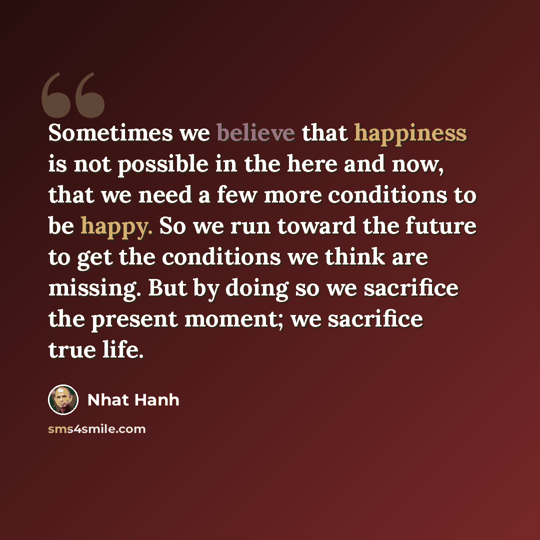 “Sometimes we believe that happiness is not possible in the here and now, that we need a few more conditions to be happy. So we run toward the future to get the conditions we think are missing. But by doing so we sacrifice the present moment; we sacrifice true life.” quote by Nhat Hanh