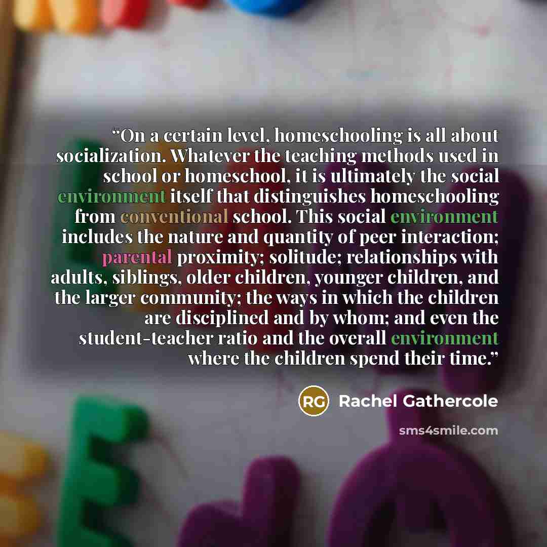 “On a certain level, homeschooling is all about socialization. Whatever the teaching methods used in school or homeschool, it is ultimately the social environment itself that distinguishes homeschooling from conventional school. This social environment includes the nature and quantity of peer…” quote by Rachel Gathercole
