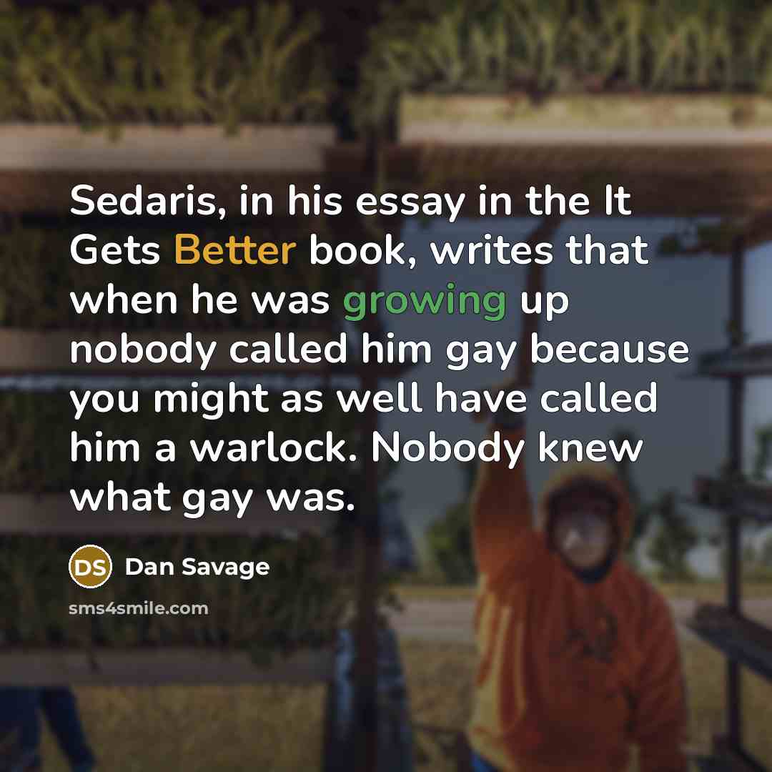 “Sedaris, in his essay in the It Gets Better book, writes that when he was growing up nobody called him gay because you might as well have called him a warlock. Nobody knew what gay was.” quote by Dan Savage