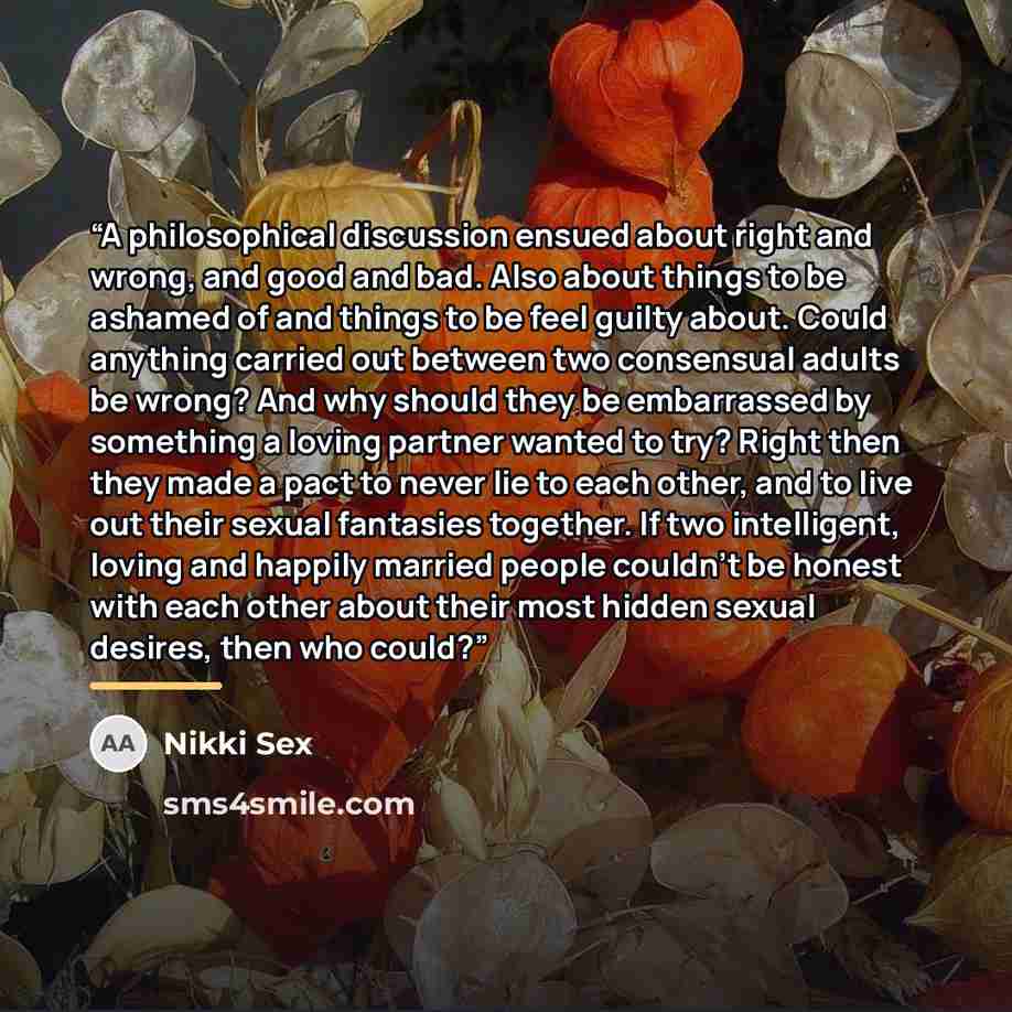 “A philosophical discussion ensued about right and wrong, and good and bad. Also about things to be ashamed of and things to be feel guilty about. Could anything carried out between two consensual adults be wrong? And why should they be embarrassed by something a loving partner wanted to try? Right…” quote by Nikki Sex