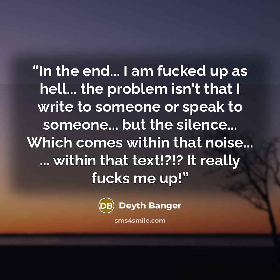 “In the end... I am fucked up as hell... the problem isn't that I write to someone or speak to someone... but the silence... Which comes within that noise... ... within that text!?!? It really fucks me up!” quote by Deyth Banger