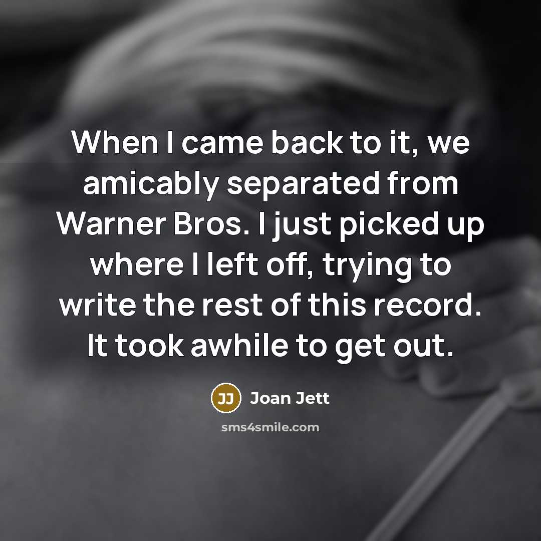 “When I came back to it, we amicably separated from Warner Bros. I just picked up where I left off, trying to write the rest of this record. It took awhile to get out.” quote by Joan Jett