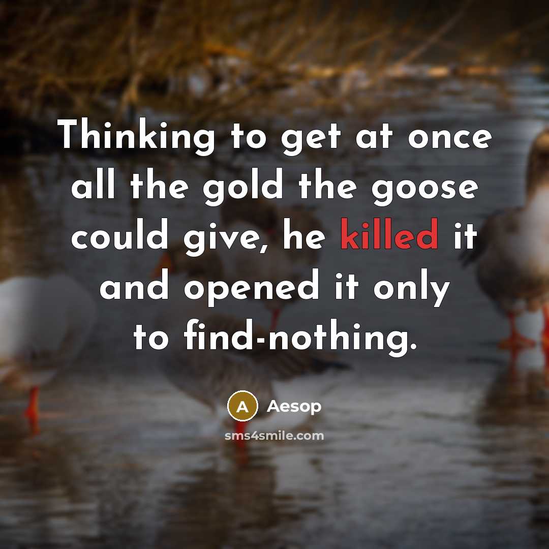 “Thinking to get at once all the gold the goose could give, he killed it and opened it only to find-nothing.” quote by Aesop