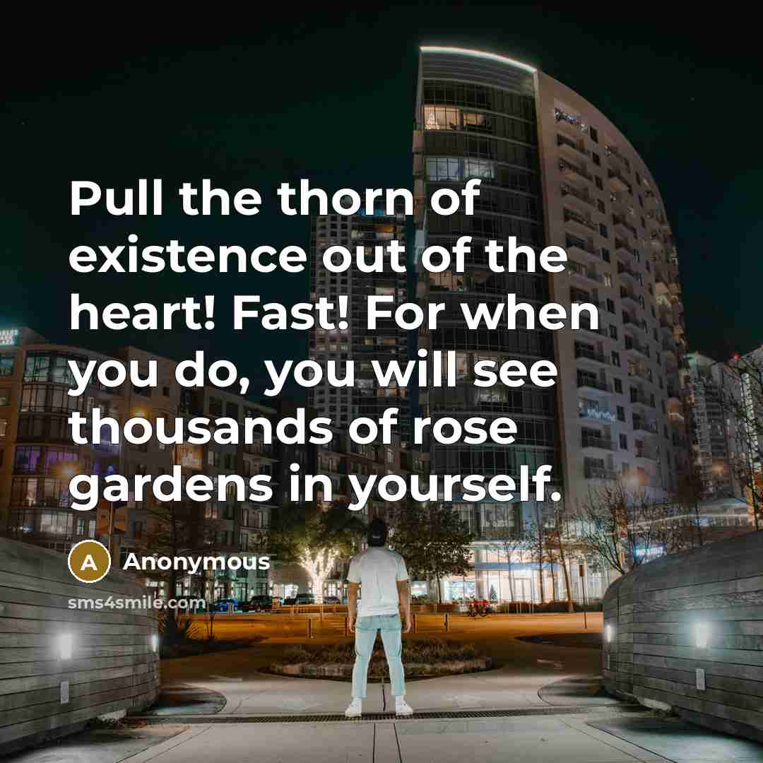 “Pull the thorn of existence out of the heart! Fast! For when you do, you will see thousands of rose gardens in yourself.” quote by Anonymous