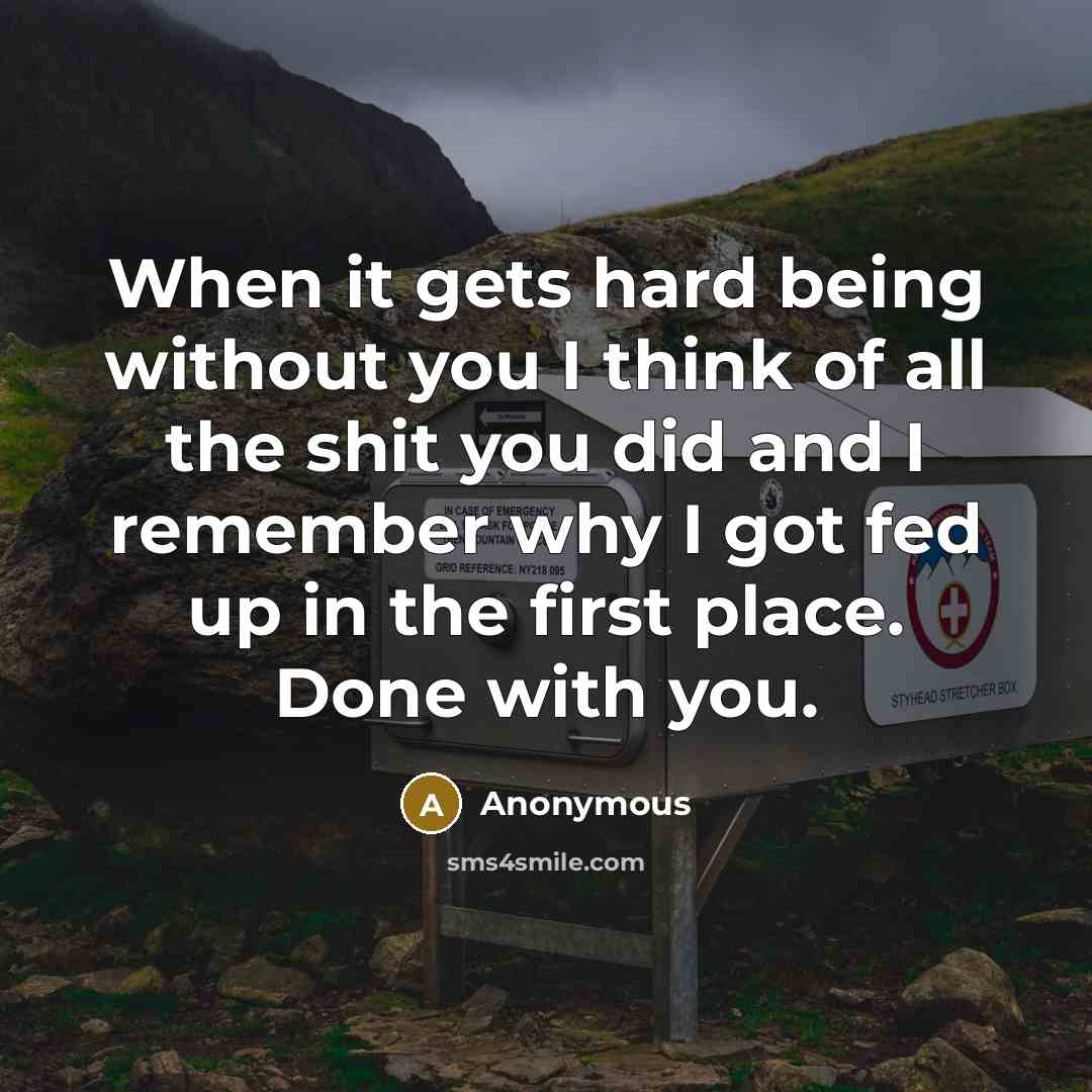 “When it gets hard being without you I think of all the shit you did and I remember why I got fed up in the first place. Done with you.” quote by Anonymous