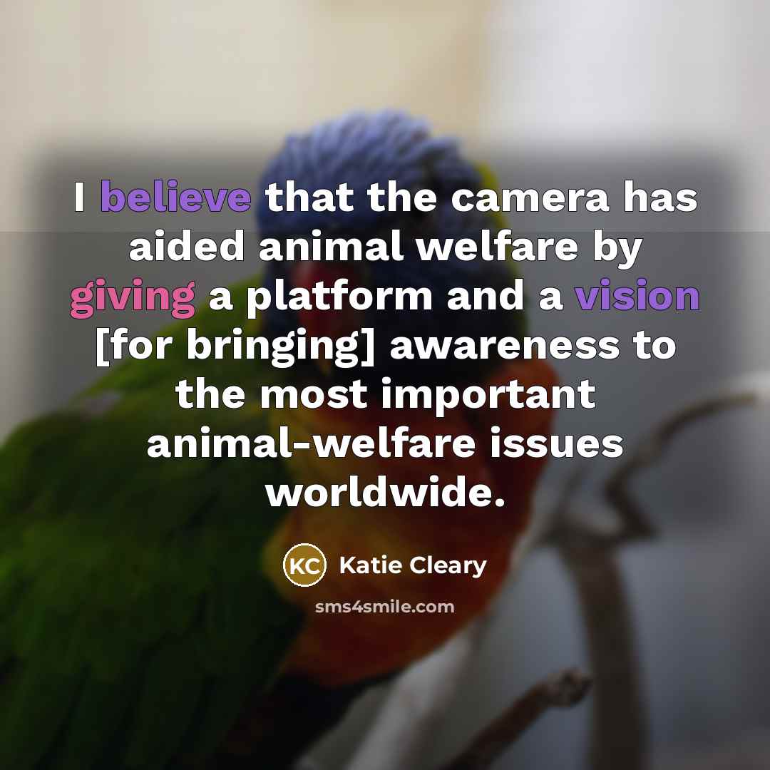 “I believe that the camera has aided animal welfare by giving a platform and a vision [for bringing] awareness to the most important animal-welfare issues worldwide.” quote by Katie Cleary