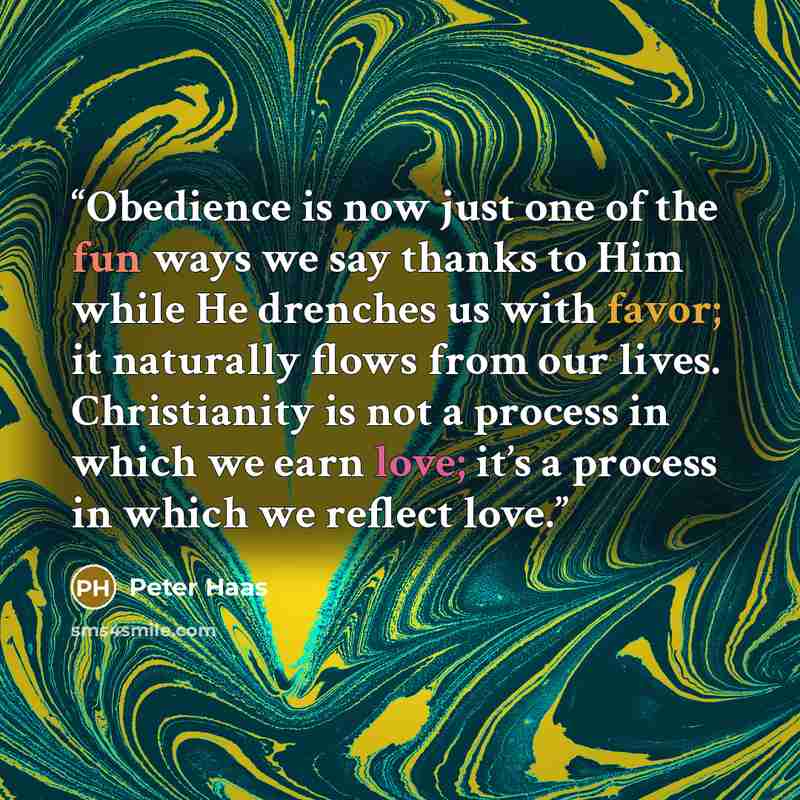 “Obedience is now just one of the fun ways we say thanks to Him while He drenches us with favor; it naturally flows from our lives. Christianity is not a process in which we earn love; it’s a process in which we reflect love.” quote by Peter Haas
