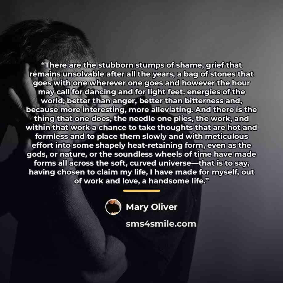 “There are the stubborn stumps of shame, grief that remains unsolvable after all the years, a bag of stones that goes with one wherever one goes and however the hour may call for dancing and for light feet. energies of the world, better than anger, better than bitterness and, because more…” quote by Mary Oliver