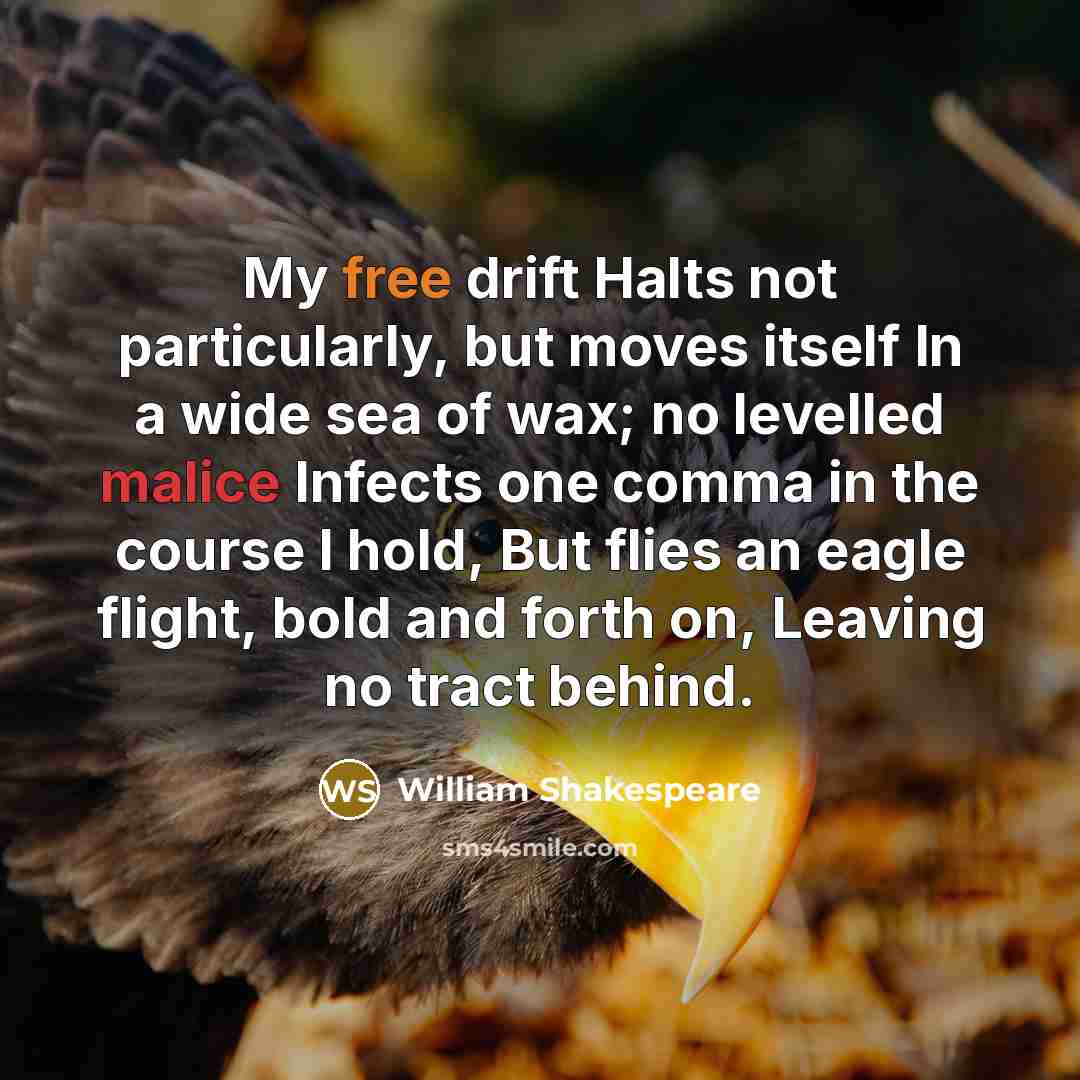 “My free drift Halts not particularly, but moves itself In a wide sea of wax; no levelled malice Infects one comma in the course I hold, But flies an eagle flight, bold and forth on, Leaving no tract behind.” quote by William Shakespeare