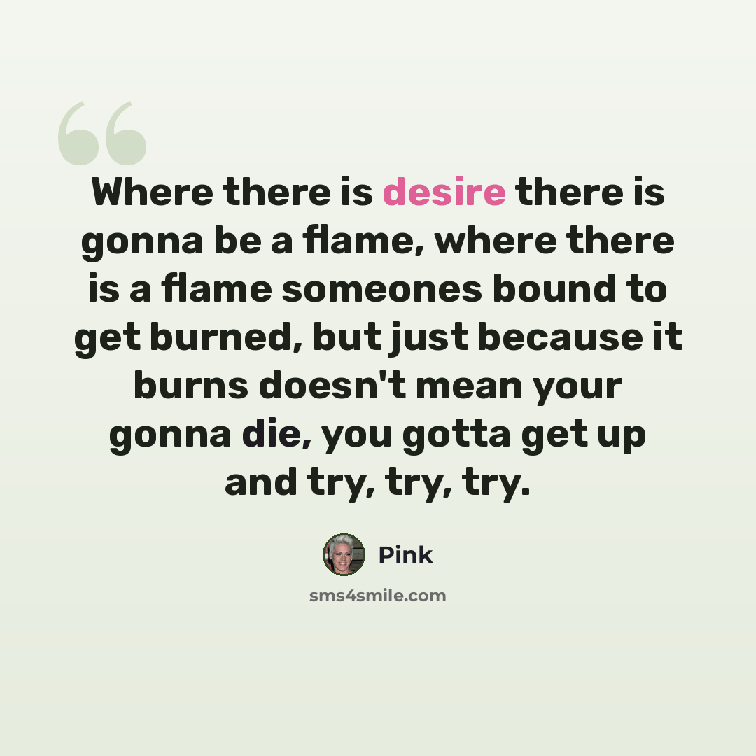 “Where there is desire there is gonna be a flame, where there is a flame someones bound to get burned, but just because it burns doesn't mean your gonna die, you gotta get up and try, try, try.” quote by Pink