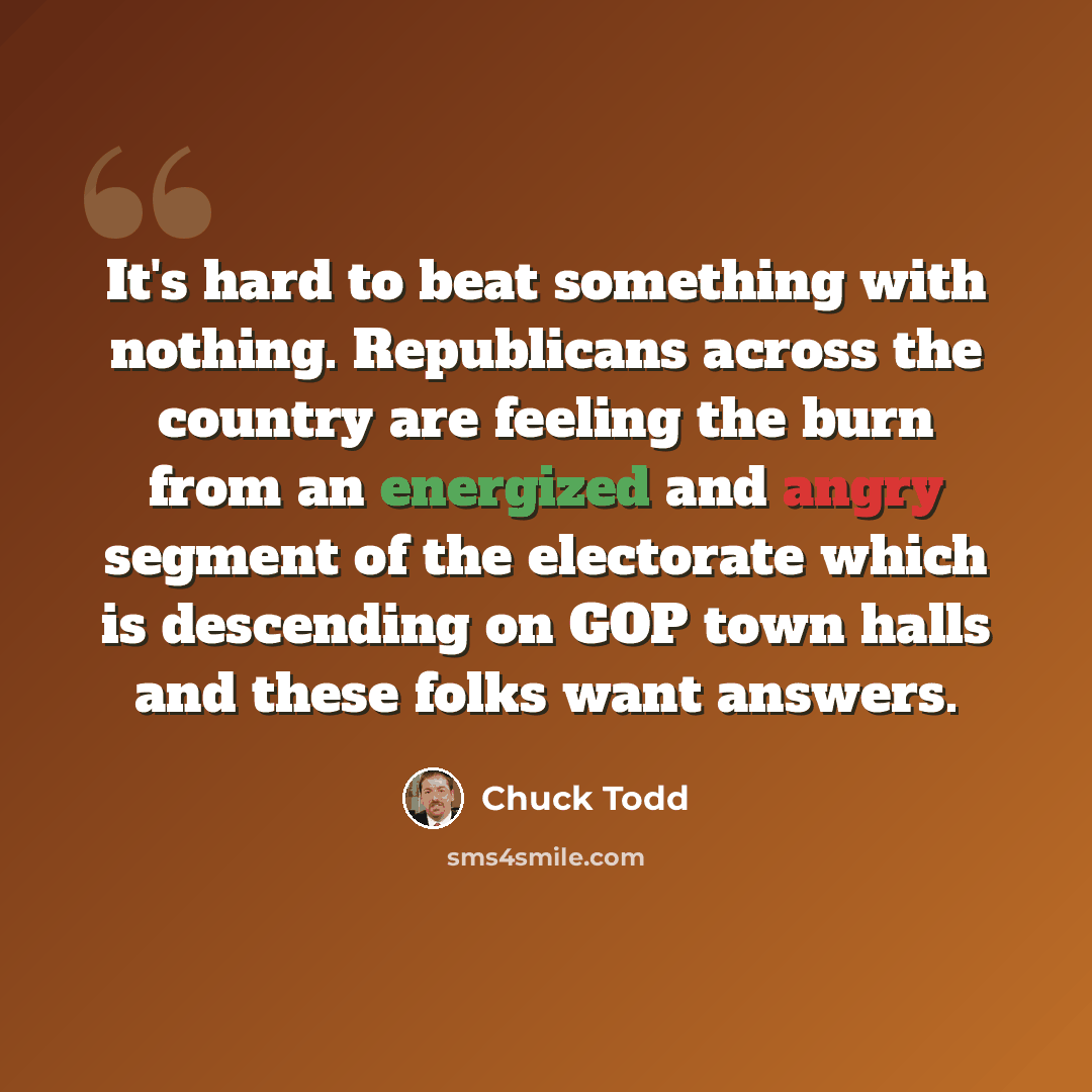 “It's hard to beat something with nothing. Republicans across the country are feeling the burn from an energized and angry segment of the electorate which is descending on GOP town halls and these folks want answers.” quote by Chuck Todd