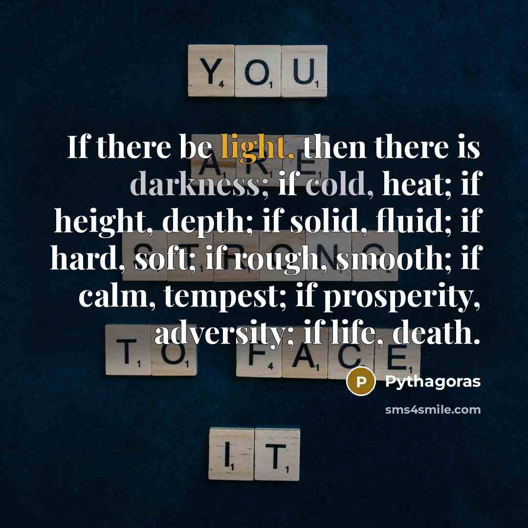 “If there be light, then there is darkness; if cold, heat; if height, depth; if solid, fluid; if hard, soft; if rough, smooth; if calm, tempest; if prosperity, adversity; if life, death.” quote by Pythagoras