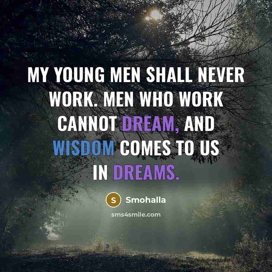 “My young men shall never work. Men who work cannot dream, and wisdom comes to us in dreams.” quote by Smohalla