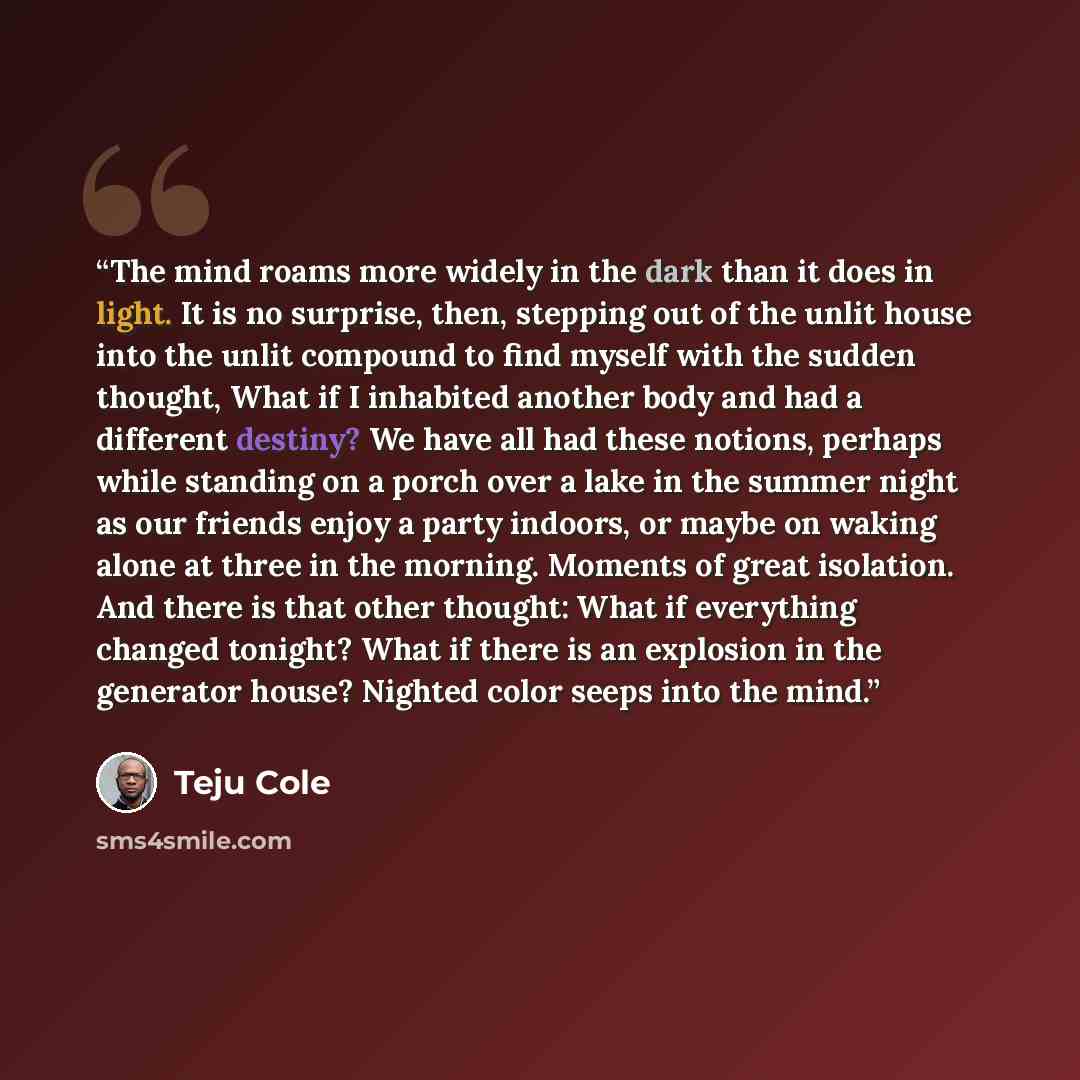 “The mind roams more widely in the dark than it does in light. It is no surprise, then, stepping out of the unlit house into the unlit compound to find myself with the sudden thought, What if I inhabited another body and had a different destiny? We have all had these notions, perhaps while standing…” quote by Teju Cole
