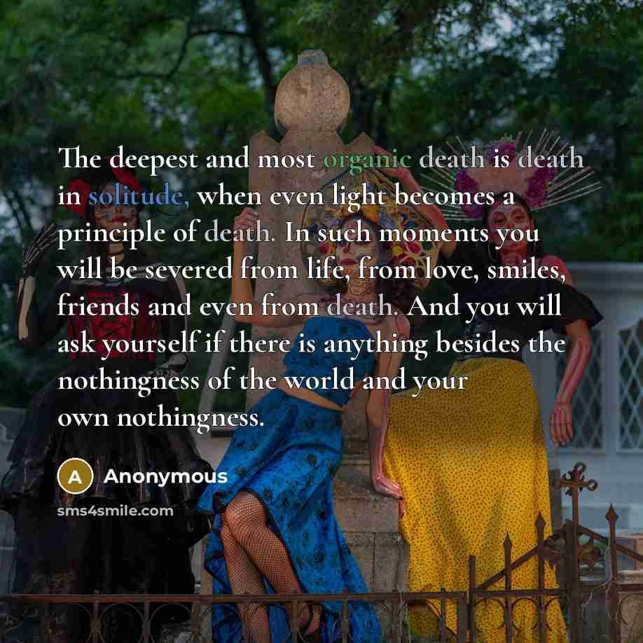 “The deepest and most organic death is death in solitude, when even light becomes a principle of death. In such moments you will be severed from life, from love, smiles, friends and even from death. And you will ask yourself if there is anything besides the nothingness of the world and your own…” quote by Anonymous
