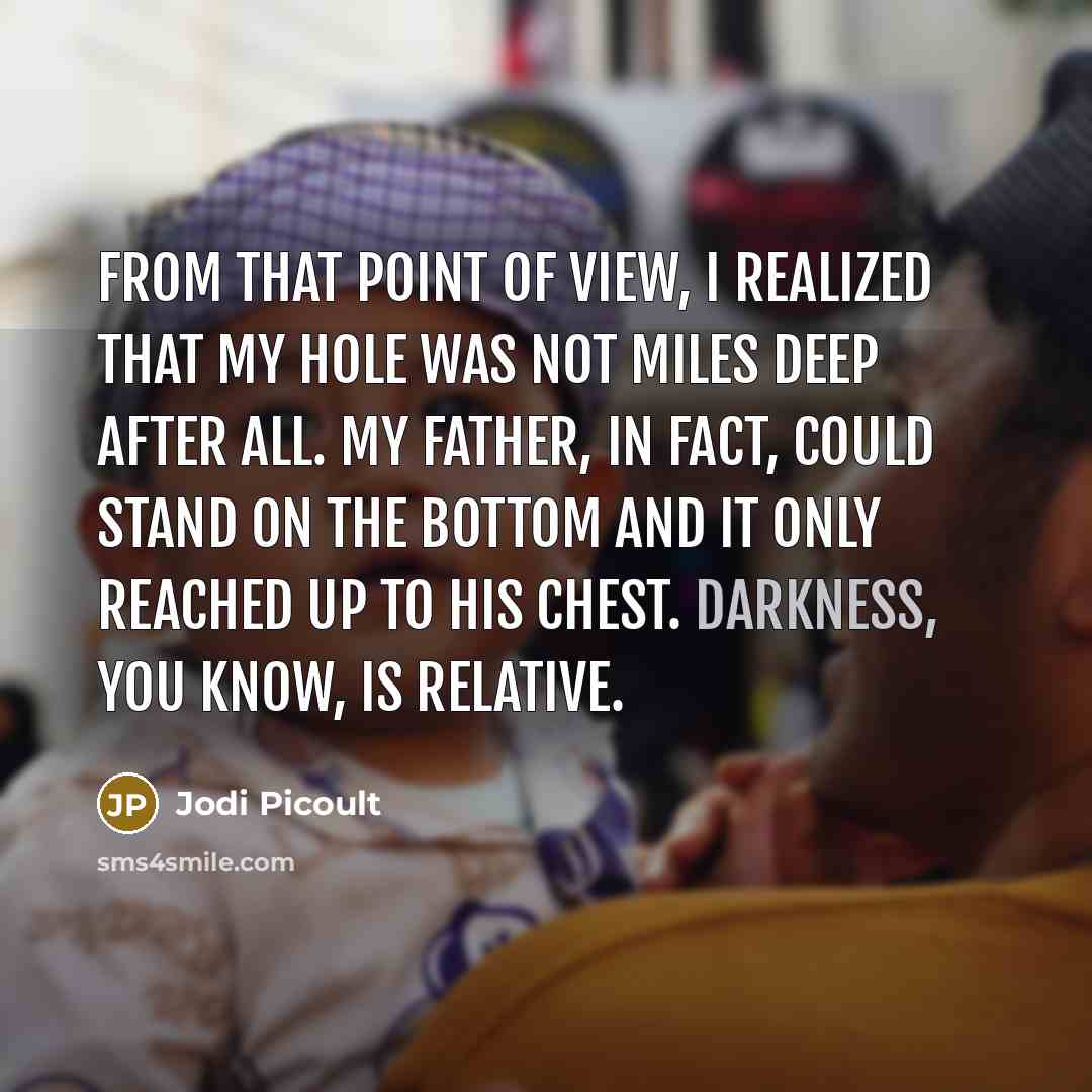 “From that point of view, I realized that my hole was not miles deep after all. My father, in fact, could stand on the bottom and it only reached up to his chest. Darkness, you know, is relative.” quote by Jodi Picoult