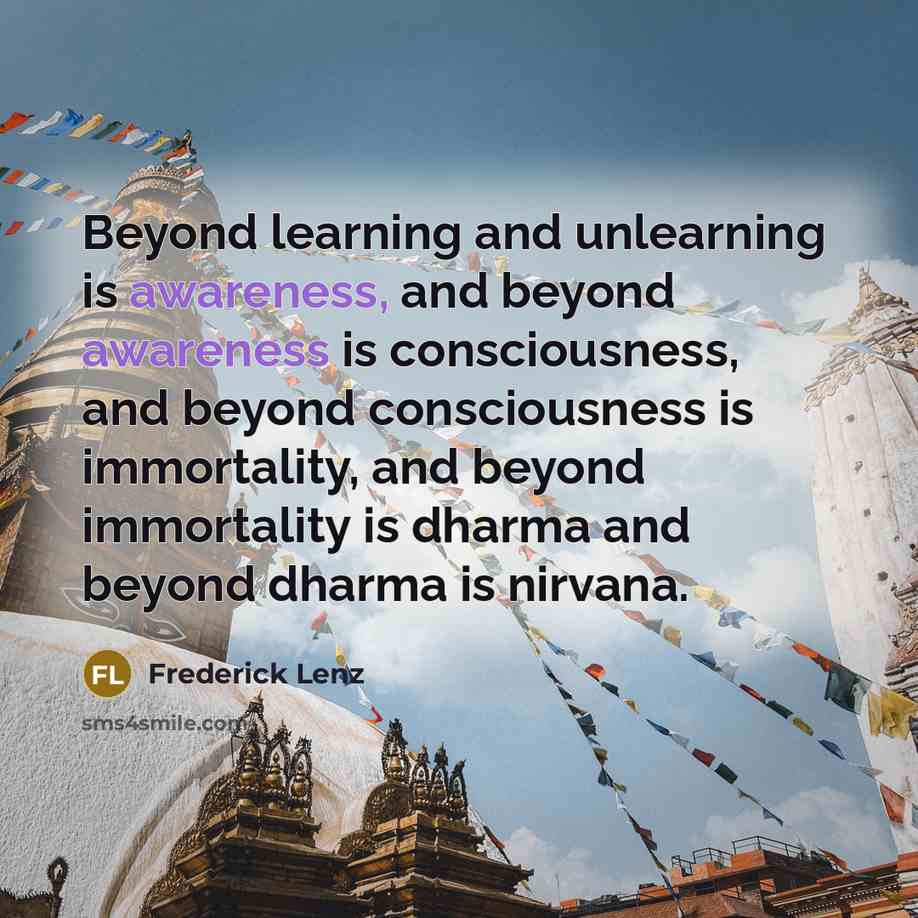 “Beyond learning and unlearning is awareness, and beyond awareness is consciousness, and beyond consciousness is immortality, and beyond immortality is dharma and beyond dharma is nirvana.” quote by Frederick Lenz