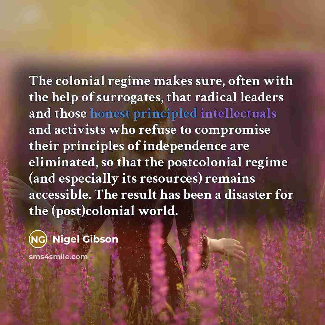 “The colonial regime makes sure, often with the help of surrogates, that radical leaders and those honest principled intellectuals and activists who refuse to compromise their principles of independence are eliminated, so that the postcolonial regime (and especially its resources) remains…” quote by Nigel Gibson