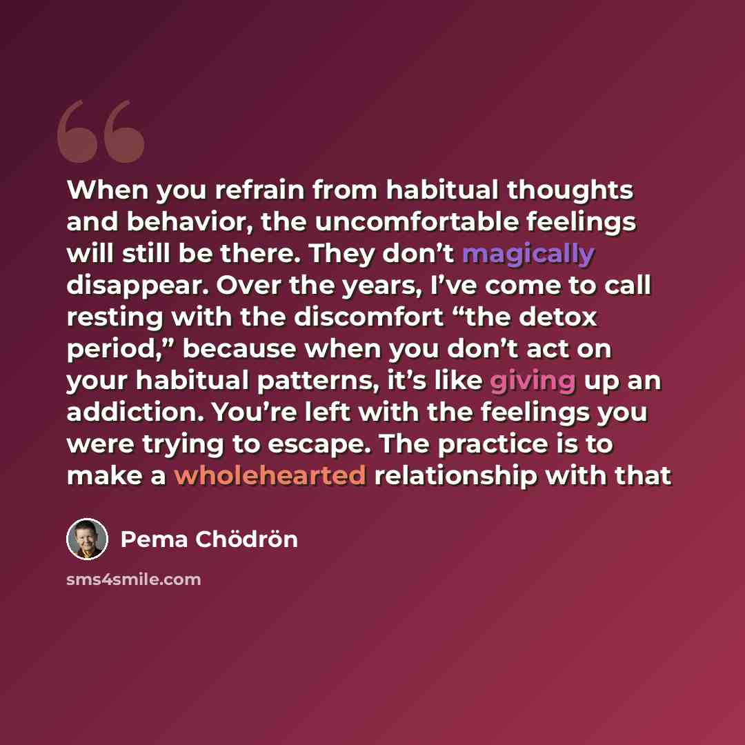 “When you refrain from habitual thoughts and behavior, the uncomfortable feelings will still be there. They don’t magically disappear. Over the years, I’ve come to call resting with the discomfort “the detox period,” because when you don’t act on your habitual patterns, it’s like giving up an…” quote by Pema Chodron