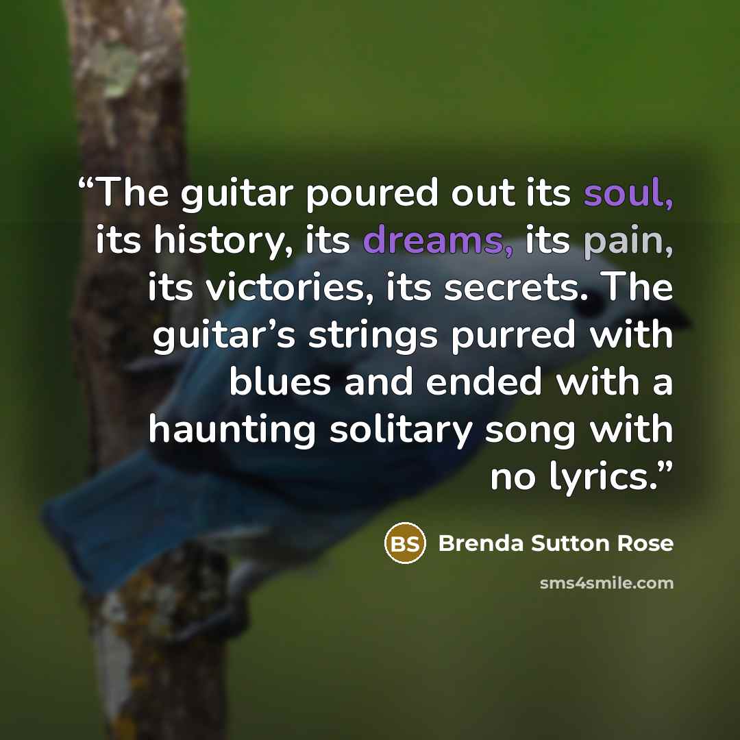 “The guitar poured out its soul, its history, its dreams, its pain, its victories, its secrets. The guitar’s strings purred with blues and ended with a haunting solitary song with no lyrics.” quote by Brenda Sutton Rose