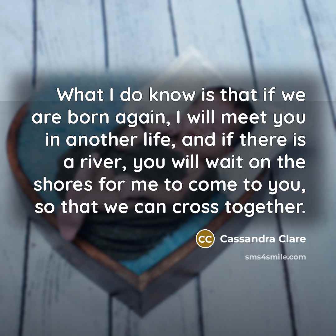 “What I do know is that if we are born again, I will meet you in another life, and if there is a river, you will wait on the shores for me to come to you, so that we can cross together.” quote by Cassandra Clare