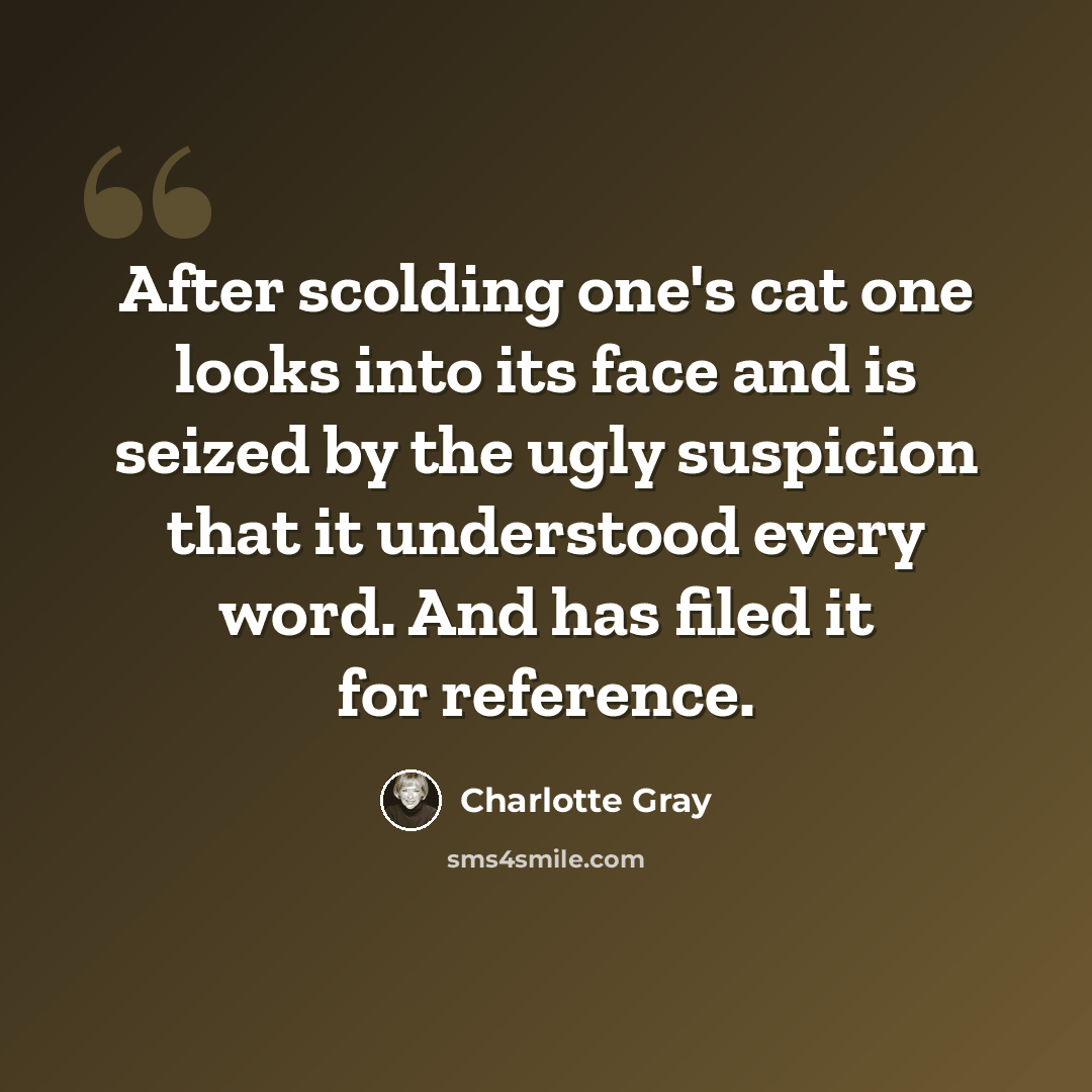 “After scolding one's cat one looks into its face and is seized by the ugly suspicion that it understood every word. And has filed it for reference.” quote by Charlotte Gray
