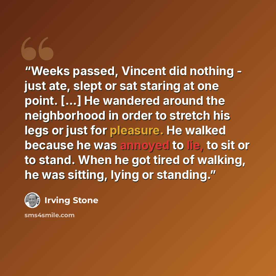 “Weeks passed, Vincent did nothing - just ate, slept or sat staring at one point. [...] He wandered around the neighborhood in order to stretch his legs or just for pleasure. He walked because he was annoyed to lie, to sit or to stand. When he got tired of walking, he was sitting, lying or standing.” quote by Irving Stone