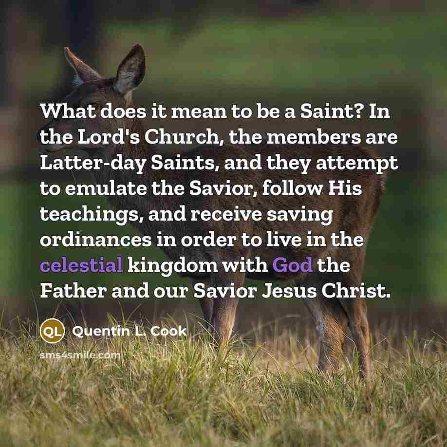 “What does it mean to be a Saint? In the Lord's Church, the members are Latter-day Saints, and they attempt to emulate the Savior, follow His teachings, and receive saving ordinances in order to live in the celestial kingdom with God the Father and our Savior Jesus Christ.” quote by Quentin L. Cook
