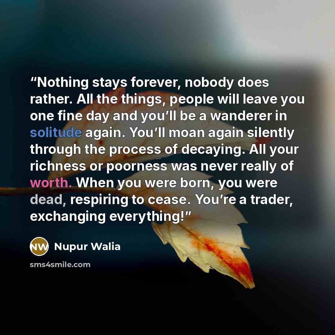 “Nothing stays forever, nobody does rather. All the things, people will leave you one fine day and you’ll be a wanderer in solitude again. You’ll moan again silently through the process of decaying. All your richness or poorness was never really of worth. When you were born, you were dead…” quote by Nupur Walia