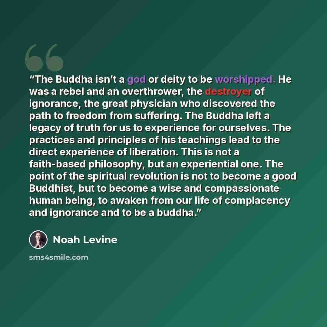 “The Buddha isn’t a god or deity to be worshipped. He was a rebel and an overthrower, the destroyer of ignorance, the great physician who discovered the path to freedom from suffering. The Buddha left a legacy of truth for us to experience for ourselves. The practices and principles of his…” quote by Noah Levine