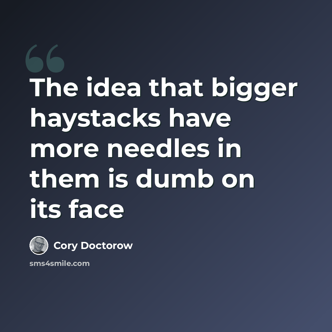 “The idea that bigger haystacks have more needles in them is dumb on its face” quote by Cory Doctorow