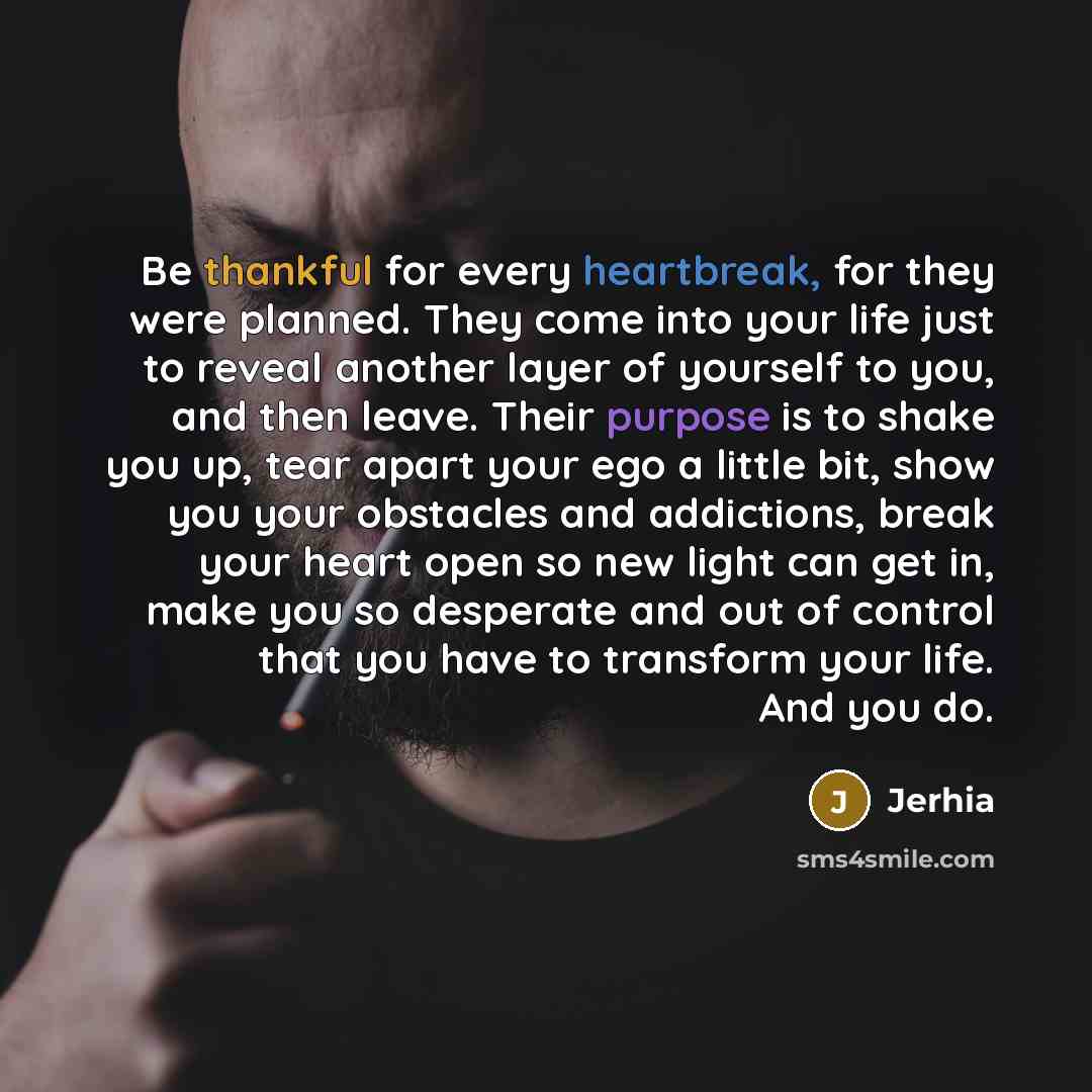 “Be thankful for every heartbreak, for they were planned. They come into your life just to reveal another layer of yourself to you, and then leave. Their purpose is to shake you up, tear apart your ego a little bit, show you your obstacles and addictions, break your heart open so new light can get…” quote by Jerhia