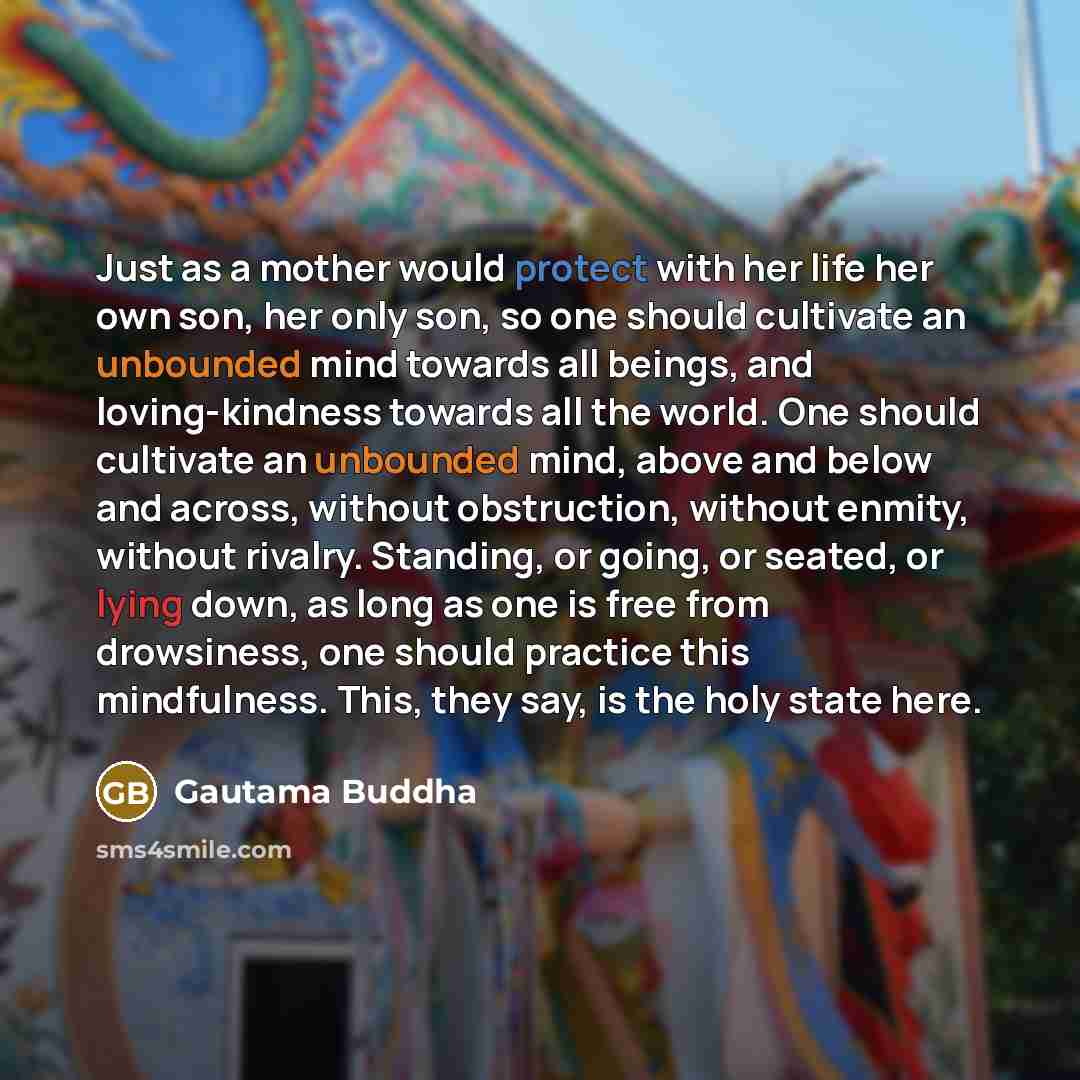 “Just as a mother would protect with her life her own son, her only son, so one should cultivate an unbounded mind towards all beings, and loving-kindness towards all the world. One should cultivate an unbounded mind, above and below and across, without obstruction, without enmity, without rivalry…” quote by Gautama Buddha