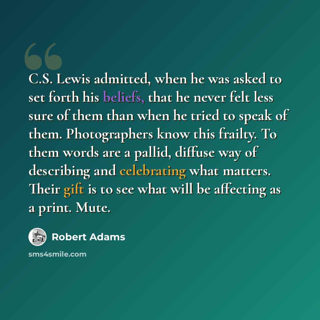“C.S. Lewis admitted, when he was asked to set forth his beliefs, that he never felt less sure of them than when he tried to speak of them. Photographers know this frailty. To them words are a pallid, diffuse way of describing and celebrating what matters. Their gift is to see what will be…” quote by Robert Adams