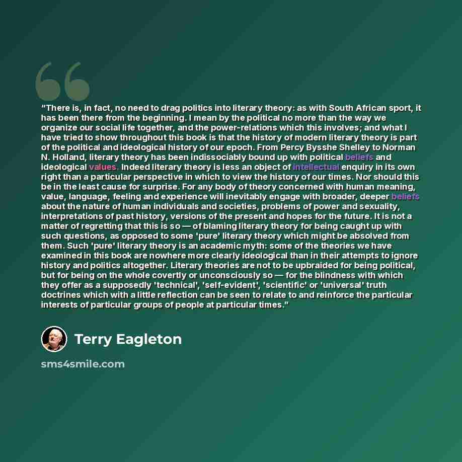 “There is, in fact, no need to drag politics into literary theory: as with South African sport, it has been there from the beginning. I mean by the political no more than the way we organize our social life together, and the power-relations which this involves; and what I have tried to show…” quote by Terry Eagleton