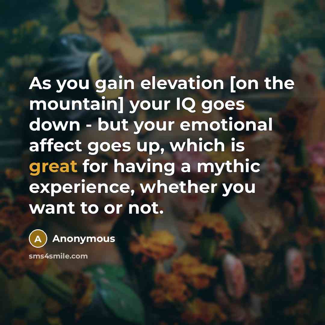 “As you gain elevation [on the mountain] your IQ goes down - but your emotional affect goes up, which is great for having a mythic experience, whether you want to or not.” quote by Anonymous