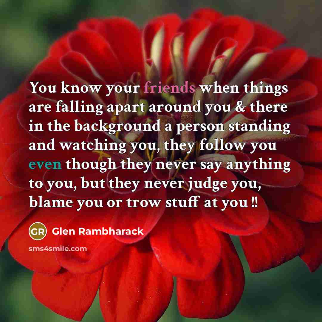 “You know your friends when things are falling apart around you & there in the background a person standing and watching you, they follow you even though they never say anything to you, but they never judge you, blame you or trow stuff at you !!” quote by Glen Rambharack