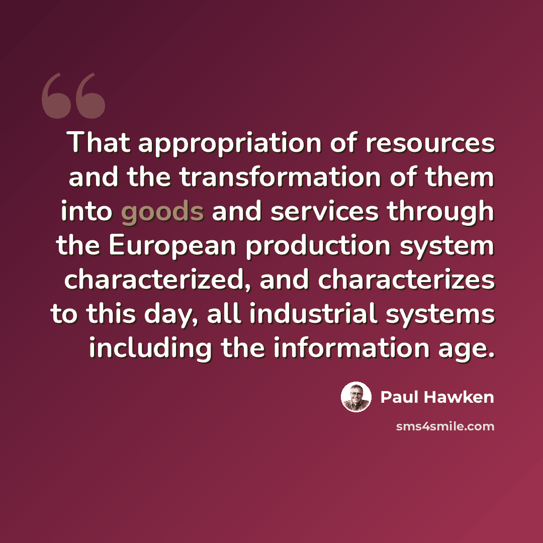 “That appropriation of resources and the transformation of them into goods and services through the European production system characterized, and characterizes to this day, all industrial systems including the information age.” quote by Paul Hawken