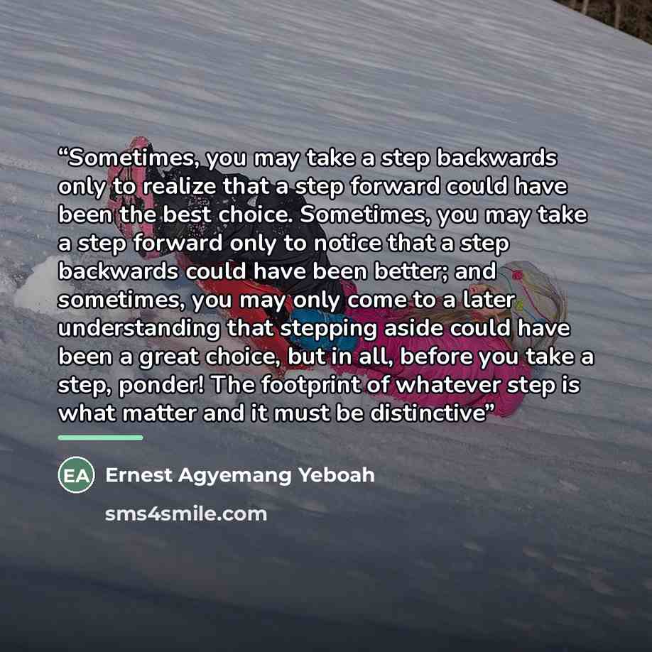 “Sometimes, you may take a step backwards only to realize that a step forward could have been the best choice. Sometimes, you may take a step forward only to notice that a step backwards could have been better; and sometimes, you may only come to a later understanding that stepping aside could have…” quote by Ernest Agyemang Yeboah