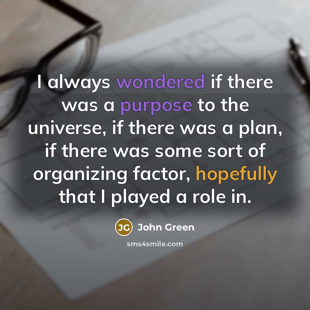 “I always wondered if there was a purpose to the universe, if there was a plan, if there was some sort of organizing factor, hopefully that I played a role in.” quote by John Green