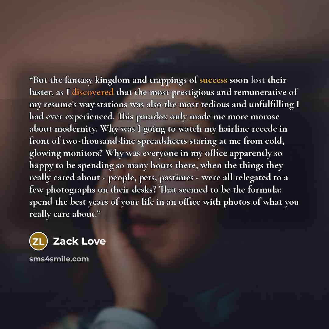 “But the fantasy kingdom and trappings of success soon lost their luster, as I discovered that the most prestigious and remunerative of my resume's way stations was also the most tedious and unfulfilling I had ever experienced. This paradox only made me more morose about modernity. Why was I going…” quote by Zack Love