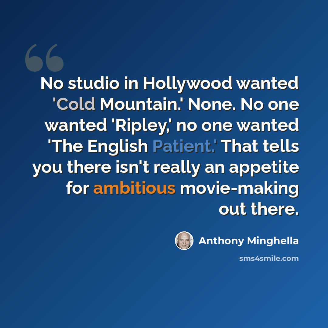 “No studio in Hollywood wanted 'Cold Mountain.' None. No one wanted 'Ripley,' no one wanted 'The English Patient.' That tells you there isn't really an appetite for ambitious movie-making out there.” quote by Anthony Minghella
