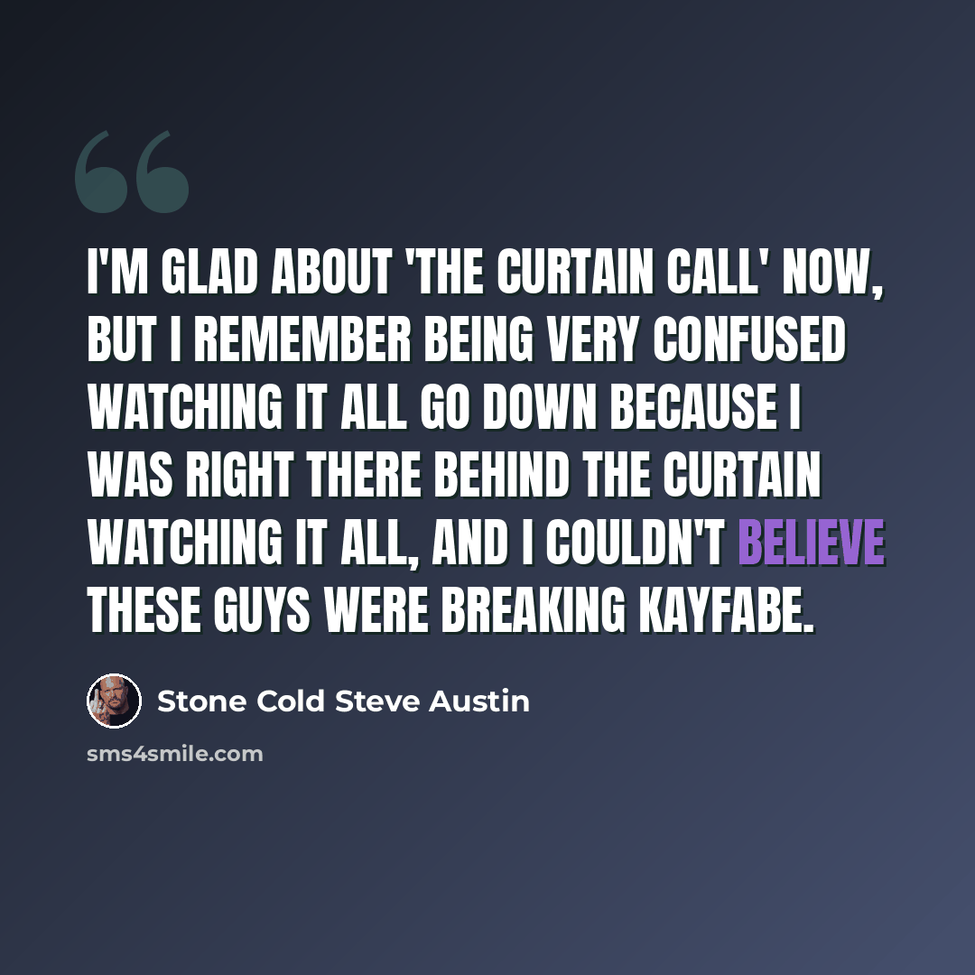 “I'm glad about 'The Curtain Call' now, but I remember being very confused watching it all go down because I was right there behind the curtain watching it all, and I couldn't believe these guys were breaking kayfabe.” quote by Stone Cold Steve Austin