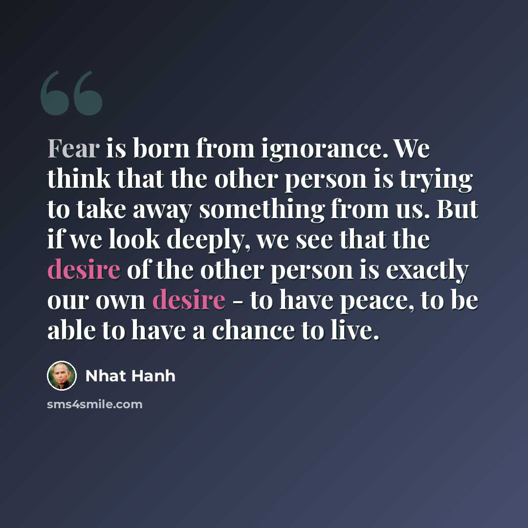“Fear is born from ignorance. We think that the other person is trying to take away something from us. But if we look deeply, we see that the desire of the other person is exactly our own desire - to have peace, to be able to have a chance to live.” quote by Nhat Hanh