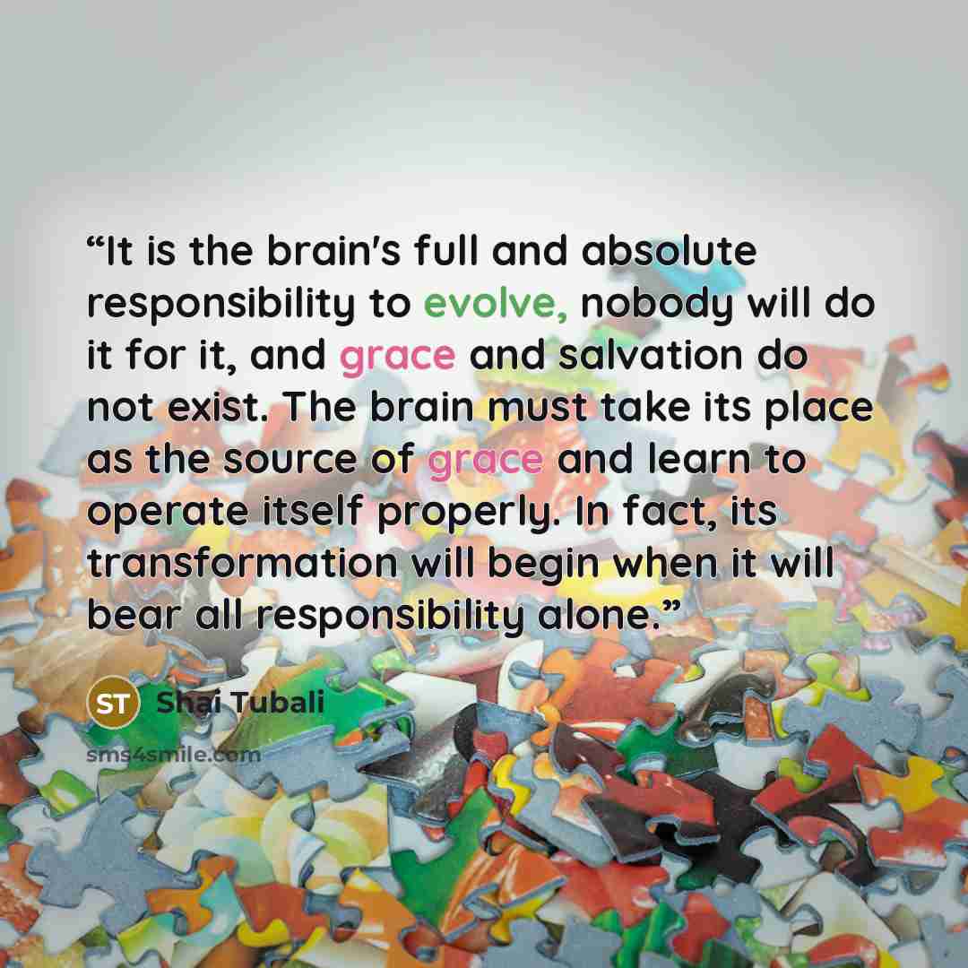 “It is the brain's full and absolute responsibility to evolve, nobody will do it for it, and grace and salvation do not exist. The brain must take its place as the source of grace and learn to operate itself properly. In fact, its transformation will begin when it will bear all responsibility alone.” quote by Shai Tubali