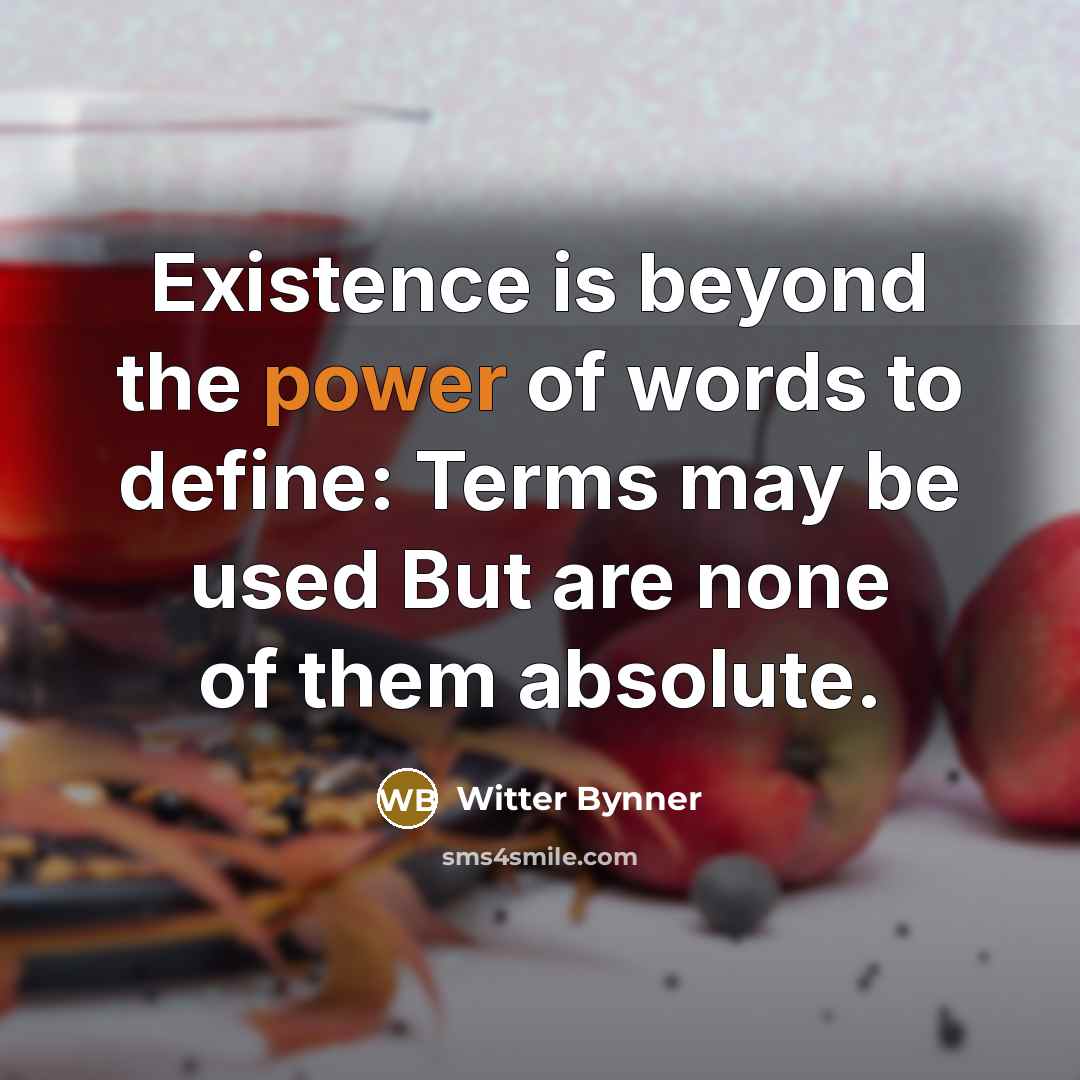“Existence is beyond the power of words to define: Terms may be used But are none of them absolute.” quote by Witter Bynner