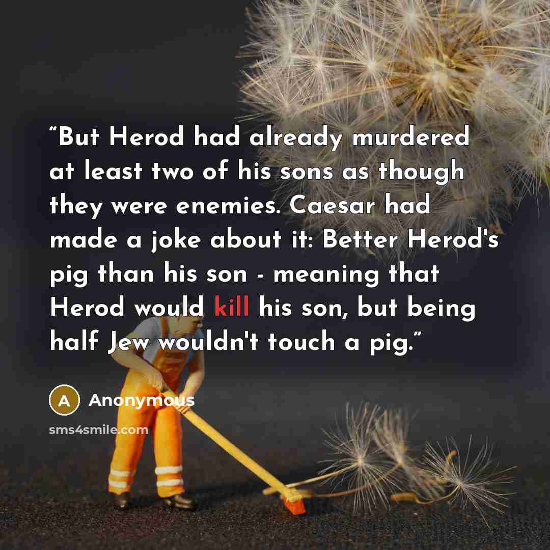 “But Herod had already murdered at least two of his sons as though they were enemies. Caesar had made a joke about it: Better Herod's pig than his son - meaning that Herod would kill his son, but being half Jew wouldn't touch a pig.” quote by Anonymous