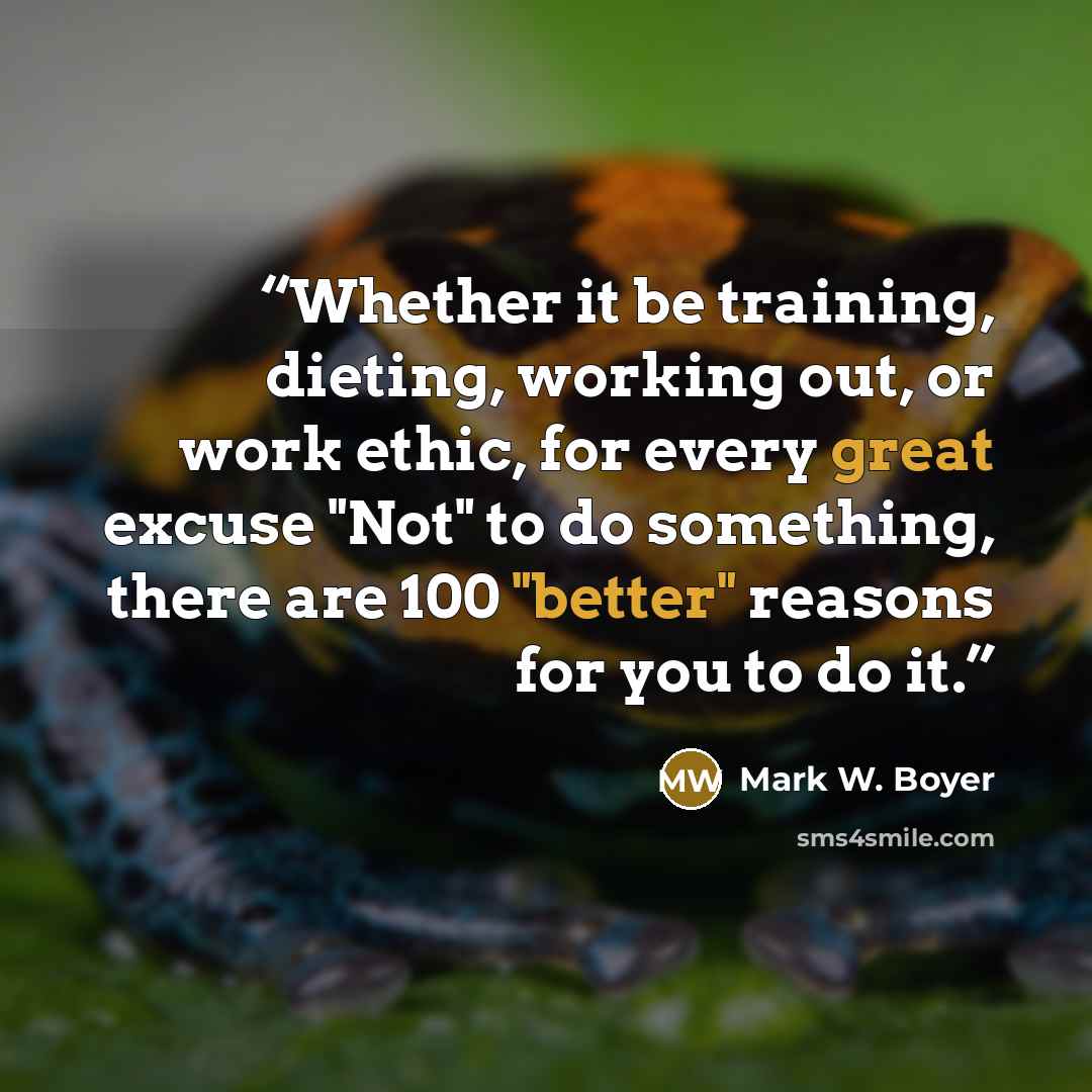 “Whether it be training, dieting, working out, or work ethic, for every great excuse "Not" to do something, there are 100 "better" reasons for you to do it.” quote by Mark W. Boyer